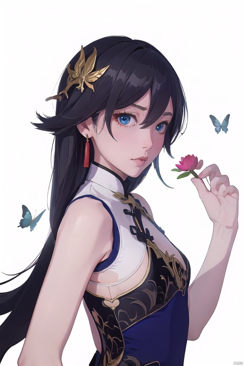  best,8k,UHD,masterpiece,bright ,high quality,flat color,1girl,
//////////////
Anime girl holding a red lotus flower. There are white butterflies and black butterflies flying around her, and there is a cobweb on her arm. The background is dark with many black leaves scattered around.
\\\\\\\\\\\
“Girl_in_the_Spider’s_Web”
white_and_purple_butterfly_accessories
black_spider_tattoo
white_butterflies
cobweb_background
gothic
surreal
fantasy
manga
dark_romantic
\\\\\\\\\\\\\\
qingyan,1girl,fu hua,chinese clothes,blue eyes,short china dress,lhair ornament,black hair,bangs,bare hands,sleeveless,blue eyes, guzhuang, seductive eyes