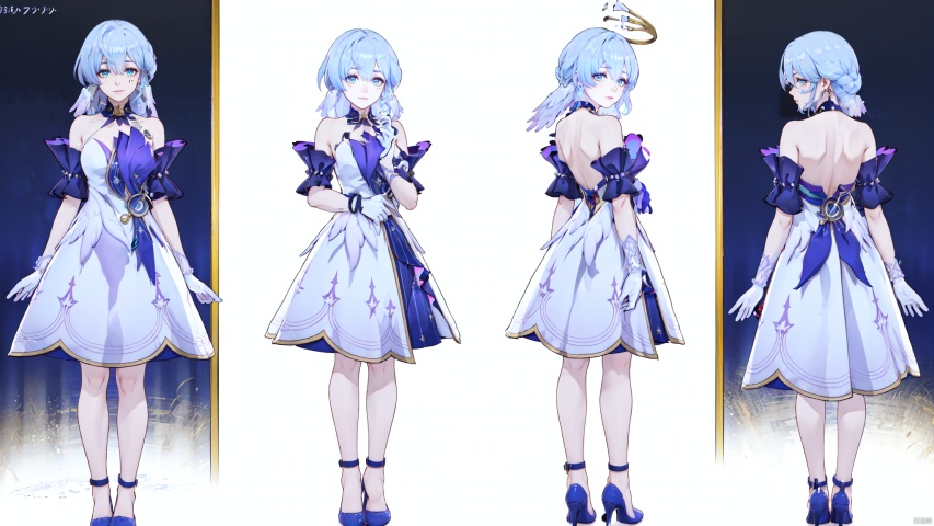  8k, best quality, masterpiece, (ultra-detailed:1.1), (high detailed skin),
(full body:1.3),
////////////////////////
zgn,1girl,long hair,halo,blue eyes,gloves,bangs,white dress,bare shoulders,blue hair,blue footwear,
///////////////////////////////
clothesviews, Different clothes, Dress-up display, multiple views, looking_at_viewer,full body, back ,white background, simple background,
\\\\\\\\\\\\\\\\\\\\\\
(beautiful_face), ((intricate_detail)), clear face,
((finely_detailed)), fine_fabric_emphasis,
((glossy)), full_shot, Anime, melowh, Art style, fantasy