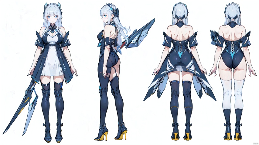  8k, best quality, masterpiece, (ultra-detailed:1.1), (high detailed skin),
(full body:1.3),
////////////////////////
white dress,tianqi,white mechanical wings,blueeyes,longhair,whitehair,breasts,bareshoulders,animalears,boots,bangs,
///////////////////////////////
clothesviews, Different clothes, Dress-up display, multiple views, looking_at_viewer,full body, back ,white background, simple background,
\\\\\\\\\\\\\\\\\\\\\\
(beautiful_face), ((intricate_detail)), clear face,
((finely_detailed)), fine_fabric_emphasis,
((glossy)), full_shot,