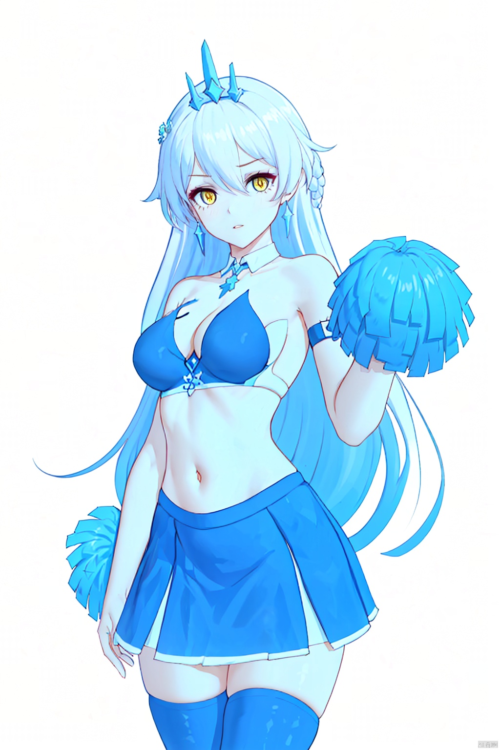  8k, best quality, masterpiece, (ultra-detailed:1.1), (high detailed skin), miyuki, Art style, clean and crisp picture, 1girl,  breasts, solo, green eyes, pom pom (cheerleading), cheerleader, long hair, thighhighs, skirt, looking at viewer, large breasts, panties, hibiki (cheerleader) (blue archive), cleavage, white thighhighs, navel, underwear,white background, cosplay, holding, simple background, parted lips, yellow panties, skindentation, holding pom poms, white skirt,pleated skirt, thighs, stomach, detached collar, bikini  
//////////////
nai3, 1girl, solo
\\\\\\\\\\\\\\
(lindong),1girl,kiana kaslana,long hair,bare shoulders,yellow eyes,bangs,breasts,jewelry,diamond-shaped pupils,hair between eyes,tiara,Crystal Trident tiara, melowh, clean and crisp pict, Anime