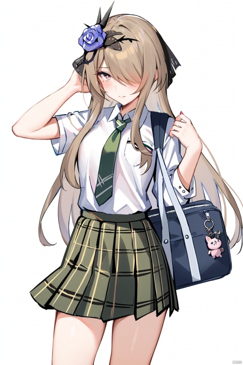  nai3,masterpiece, best quality,1girl, alternate costume, solo, bag, looking at viewer, blush, plaid, charm (object), bag charm, bangs, contemporary, sidelocks, jewelry, character name, female woman, white background, \\\\\\\\\ nai3, masterpiece, best quality,1girl, school uniform, alternate costume, solo, skirt, bag, necktie, multicolored hair, looking at viewer, blush, plaid skirt, school bag, plaid, charm (object), bag charm, sidelocks, jewelry, pleated skirt, green skirt, white shirt, green necktie, collared shirt, character name, female child, white background,school_uniform,school_girl,school_uniforms, \\\\\\\\\\\, 

midie,1girl,rita rossweisse,hair over one eye,flower,hair ornament,hair flower,rose,breasts,,mole under eye,long brownhair,,