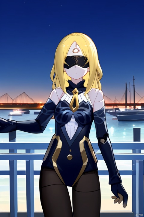  1girl,standing in the harbor,night,cargo,best quality,wind,extremely detailed,masterpiece,very aesthetic
qianren,1girl,blonde hair,pantyhose,(joints:1.2),blindfold,gloves,