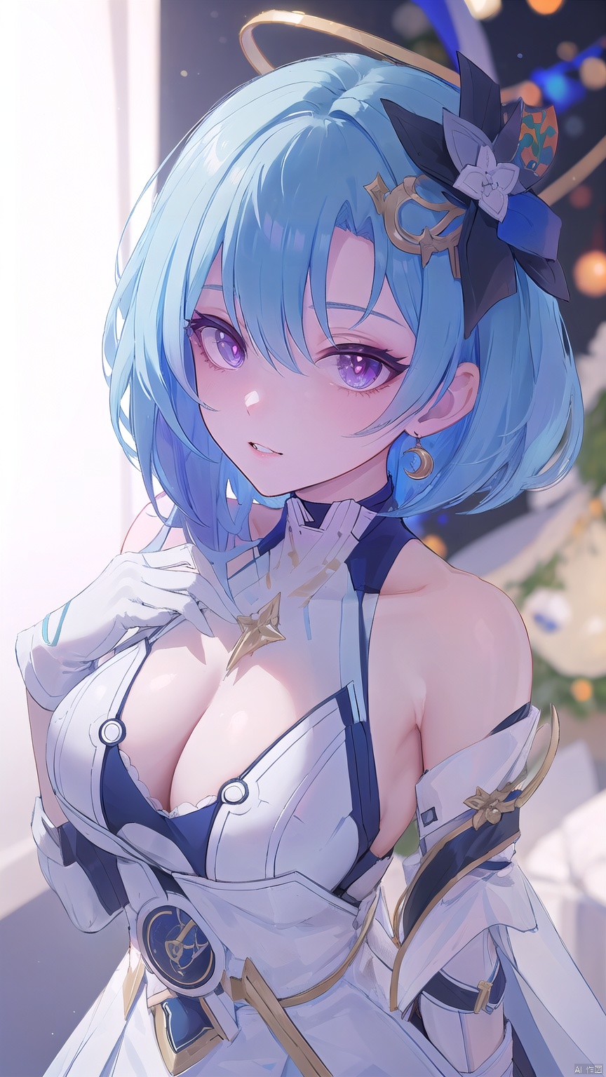  1 girl, solo, portrait, in Sexy off-the-shoulder Christmas skirt, look at viewer, blue eyes,Cool tone, Professional studio, Behind is the Christmas tree and Christmas presents, short hair, necklace, earings, elegant, , light master

dglx, 1girl, gloves, purple eyes, blue hair, , Anime