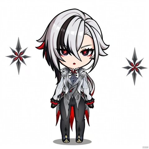  style-parody,chibi,,full_body,(masterpiece, best quality),standing,solo,(white background:1.2),simple background,
,Arlecchino,def clothes,1girl,x-shaped pupils,red pupils,black gloves,pants,symbol-shaped pupils,multicolored hair, black hair, white hair,