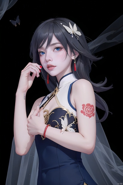  best,8k,UHD,masterpiece,bright ,high quality,flat color,1girl,
//////////////
Anime girl holding a red lotus flower. There are white butterflies and black butterflies flying around her, and there is a cobweb on her arm. The background is dark with many black leaves scattered around.
\\\\\\\\\\\
“Girl_in_the_Spider’s_Web”
white_and_purple_butterfly_accessories
black_spider_tattoo
white_butterflies
cobweb_background
gothic
surreal
fantasy
manga
dark_romantic
\\\\\\\\\\\\\\
qingyan,1girl,fu hua,chinese clothes,blue eyes,short china dress,lhair ornament,black hair,bangs,bare hands,sleeveless,blue eyes, guzhuang, seductive eyes, beautiful face