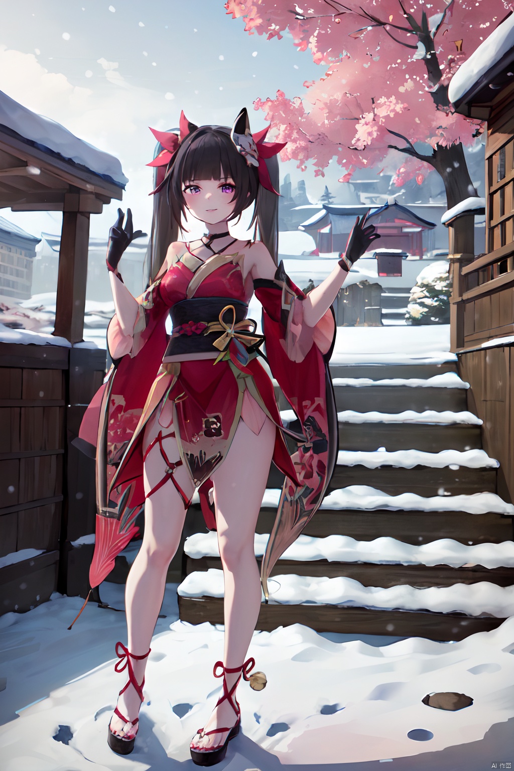  1girl,  solo, looking at viewer, snow, architecture, standing, east asian architecture,  outdoors, full body, from below, stairs, snowing, backlight, colors, 
\\\\\\\\\\\\\
huahuo, 1girl, single_glove, mask on head, sash, black hair, twintails, purple eyes, obi, (fox mask:1.1), single glove, japanese clothes, (Cherry blossom tattoo, chest tattoo:1.1), haoche, 2girls