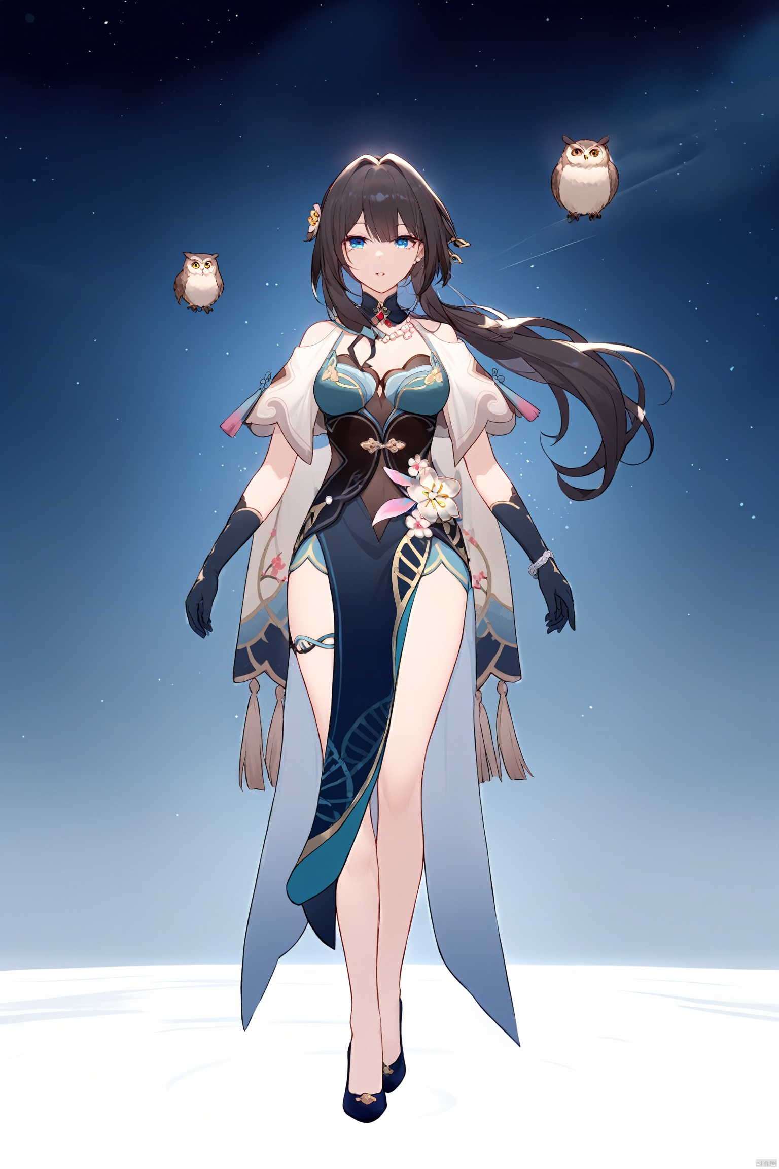  masterpiece, best quality,1girl, owl, long hair , parted lips, solo,bangs, portrait, lips,blunt bangs, yelashes , full_body,full body,
ruanmei, def clothe, 1girl, gloves, blue eyes, black hair, dress, breasts, high heels, chineseclothes,
cowboy shot,,,wide shot,floating,lens 135mm,f1.8,