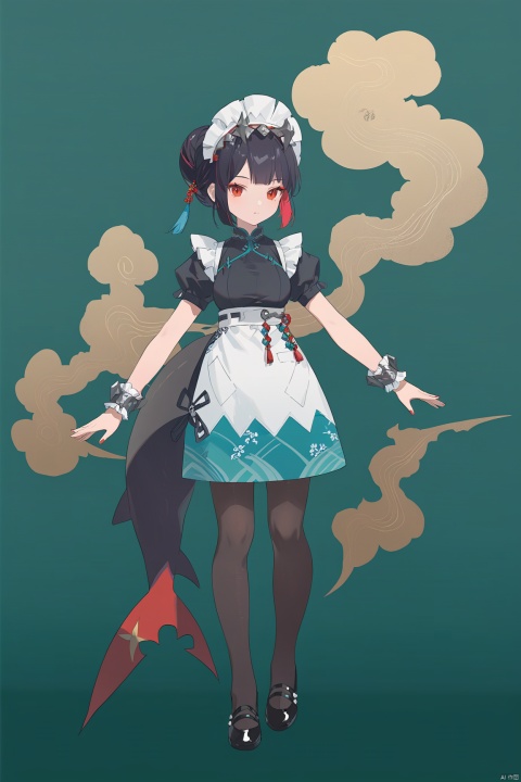  line art,line style,as style,best quality,masterpiece,
 The image features a Q version of cute cartoon girl wearing ancient costume, simple pattern, full body portrait, standing pose, legs straight, hands on both sides, minimalist painter style, ancient Chinese style, vector illustration, clean background
Ellen Joe, maid, shark tail, (shark girl:0.5), 1girl, red eyes, tail, pantyhose, multicolored hair, black footwear, short sleeves, apron, wrist cuffs, maidheaddress,