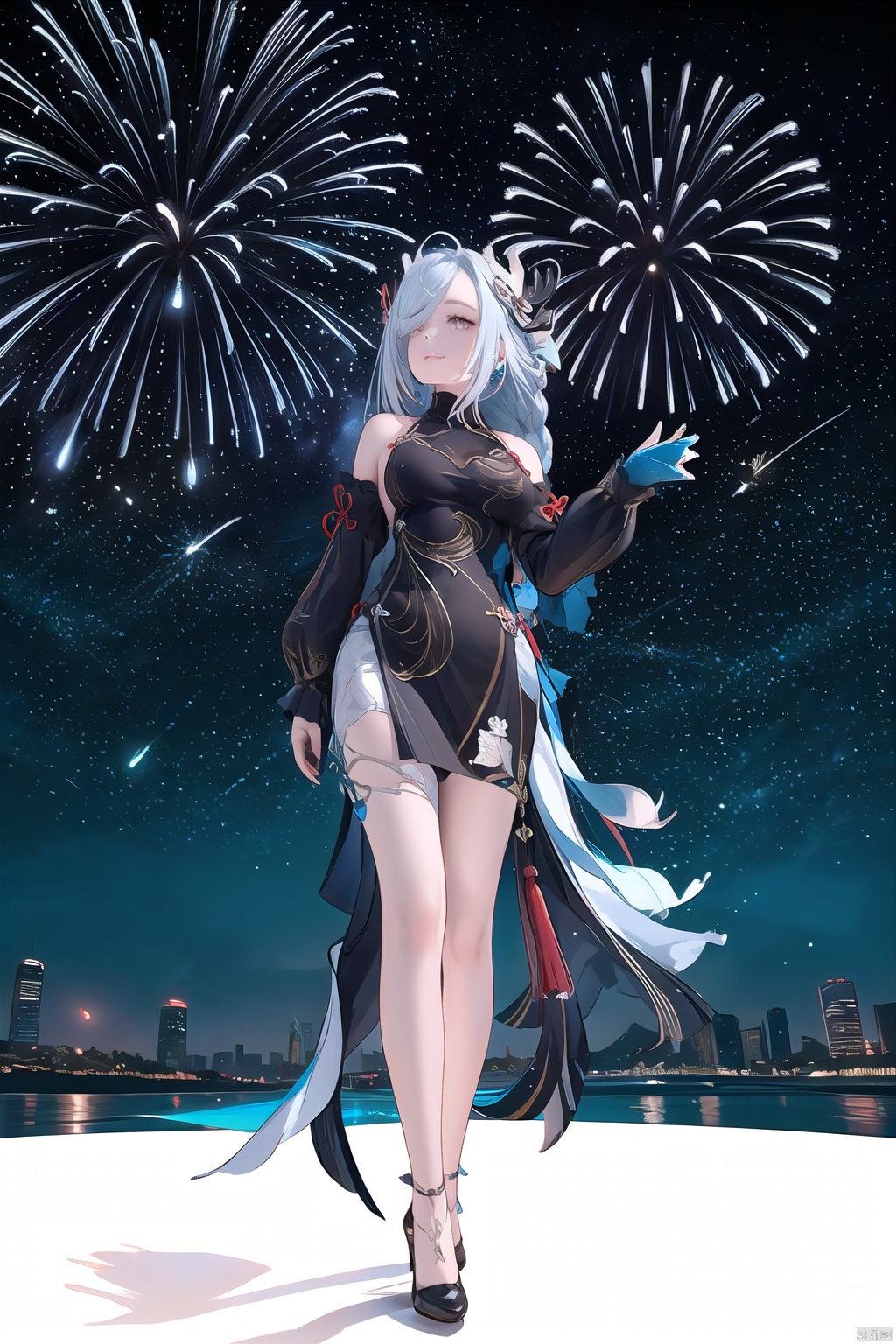 1 girl,  fireworks background, New Year, Fluorescent antlers, 2024 Year,from below,number background, 
\\\\\\\\\\\\\\\\\\\\\\\\\\
1gril,fullbody, on other colors. The headgear should be depicted in a stylized, modern form. The illustration should be flat and minimalist, with a white background to emphasize the character's whimsical side profile and headgear, resonating with the geometric aesthetic we established earlier.
\\\\\\\\\\\\\\\\\\\\\
(hdshenhe:1.2),shenhe \(genshin impact\),qipao,chinese dress,hair over one eye,long hair,hair ornament,long_sleeves,long_dress,