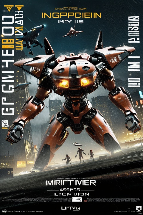  score_9, score_8_up, score_7_up, score_6_up,jijia, 3d, CG, robot, mecha, science fiction, realistic, no humans, english text, aircraft, damaged, helicopter, rain, lights,a movie poster with a giant robot on it,a poster for a movie about an alien, and an alien is coming to attack people