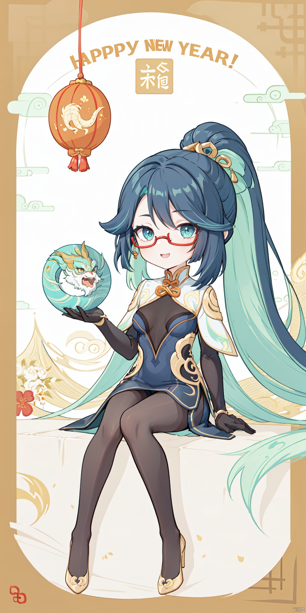  {artist:rella}, {artist:ask(askzy)},[artist:ningen_mame],artist:ciloranko, [artist:rei(sanbonzakura)],(hyper cute girl:1.1025), (flat color, vector art:1.3401), Chinese dragon theme, beautiful detailed eyes, hyper-detailed, hyper quality, eye-beautifully color, face, (her hair is shaped like a Chinese dragon, Chinese dragon, hair, Chinese dragon:1.2763), (1girl:1.2155), (high details, high quality:1.1576), (backlight:1.1576), high quality, (title:happy new year 2024:1.3), (cover design:1.2), simple background, cover art, trim, album_art, 
/, /, /, /, /, /, /, 
1girl, (chibi), xianyun, 1girl, chinese clothes, (ponytail, hair stick,hair ornament), glasses, jewelry, earrings, multicolored hair, black hair, dress, standing, gloves, green hair, red-framed eyewear, black pantyhose,
/, /, /, /, 
(((holding a little Chinese dragon))), (((sitting, Chinese dragon on legs))), [[smile]], large breast, dragon, (((Chinese dragon print))), (Loong:1.2), pajamas, kimono, bare shoulders, 
/, /, /, /, /, /, 
lantern, red background, ((simple background)), ((happy new year 2024, new year theme, new year, 2024, gift box,)), (red decorations on dragon), ((Chinese new year)), Chinese knot, red ornaments, spring festival, 
/, /, /, /, /, /, /, 
hair with body, CTA dress, CAY leg, Loong hands, body with Loong, dress with Loong, light particles, (Hair with Loong:1.2155), small breast with Loong, 1girl, small breast, marbling with hair and clothes, (original:1.1025), (arm down:1.1025), (paper cutting:1.1025), 
------, 
Low saturation, grand masterpiece, Perfect composition, film light, light art
