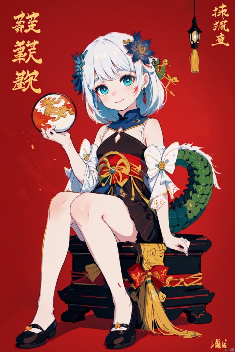  {artist:rella}, {artist:ask(askzy)},[artist:ningen_mame],artist:ciloranko, [artist:rei(sanbonzakura)],(hyper cute girl:1.1025), (flat color, vector art:1.3401), Chinese dragon theme, beautiful detailed eyes, hyper-detailed, hyper quality, eye-beautifully color, face, (her hair is shaped like a Chinese dragon, Chinese dragon, hair, Chinese dragon:1.2763), (1girl:1.2155), (high details, high quality:1.1576), (backlight:1.1576), high quality, (title:happy new year 2024:1.3), (cover design:1.2), simple background, cover art, trim, album_art, 
/, /, /, /, /, /, /, 
1girl, (chibi), lange, theresa apocalypse, 1girl, hair ornament, hair flower, blue eyes, white hair, flower, simple background, dress, full body, chinese clothes, closed mouth, looking at viewer, bangs, bare shoulders, blue flower,skirt, little girl,9 years old
/, /, /, /, 
(((holding a little Chinese dragon))), (((sitting, Chinese dragon on legs))), [[smile]], large breast, dragon, (((Chinese dragon print))), (Loong:1.2), pajamas, kimono, bare shoulders, 
/, /, /, /, /, /, 
Chinese text,red_bandeau,year of the loong,loong pattern,lantern, red background, ((simple background)), ((happy new year 2024, new year theme, new year, 2024, gift box,)), (red decorations on dragon), ((Chinese new year)), Chinese knot, red ornaments, spring festival, 
/, /, /, /, /, /, /, 
hair with body, CTA dress, CAY leg, Loong hands, body with Loong, dress with Loong, light particles, (Hair with Loong:1.2155), small breast with Loong, 1girl, small breast, marbling with hair and clothes, (original:1.1025), (arm down:1.1025), (paper cutting:1.1025), 
------, 
Low saturation, grand masterpiece,Perfectcomposition,filmlight,lightart
,鏃�, eastern dragon, nai3