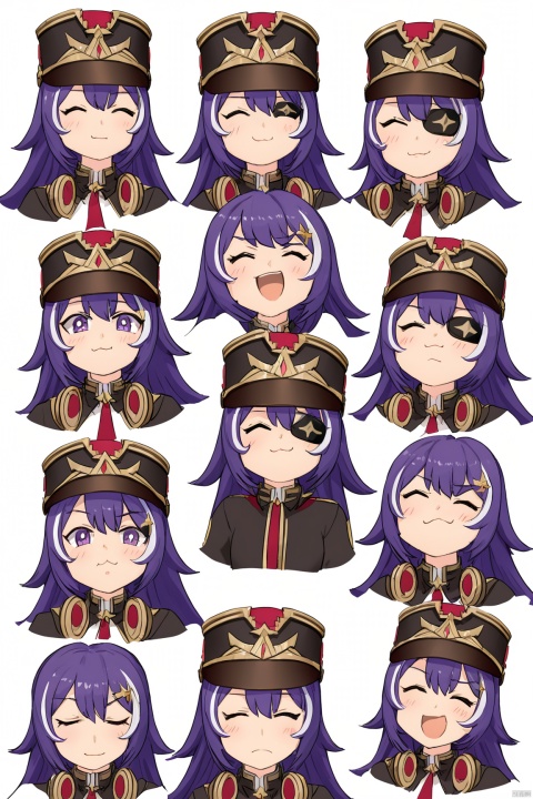 xwl, def clothe, 1girl, eyepatch, purple hair, purple eyes, long hair, hat, red gloves,
------------------------------
 masterpiece, best quality, ,multiple girls,white background,chibi,multiple view,face,smile,sad, open eyes,closed eyes, half-closed eyes, angry,no border,too many,overflow