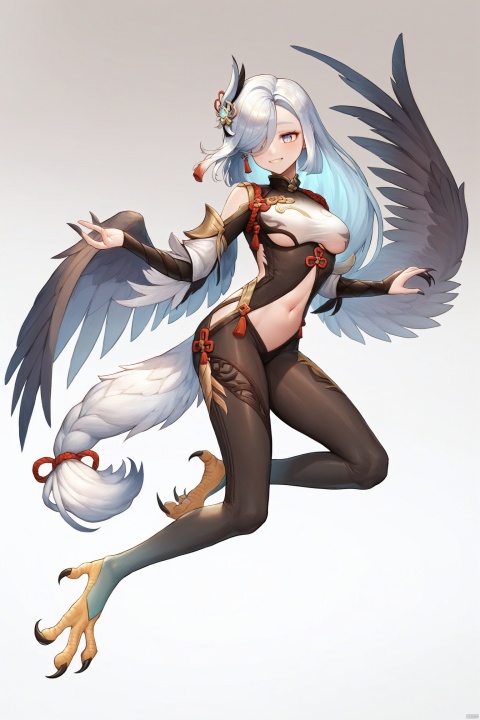  score_9, score_8_up, score_7_up, score_6_up,
shenhe \(genshin impact\), Shenhe's def clothes,1girl, long hair, hair over one eye, hair ornament,bodysuit,,
jijia, 2d, anime, 1girl, Birdwoman, wings,Harpy,solo, Feathertail, claws, tail, breasts, feathers, scales, talons, smile, monster girl, full body, navel, gradient, gradient background, personification, medium breasts, animal feet, teeth, signature, lizard tail,an illustration of a woman in an animal suit
