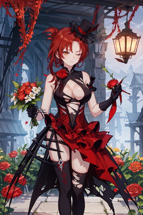 1 girl, in a red dress, with eyes closed, holding a bouquet of flowers and smelling them, standing, outdoors, cute,hanfu,xuese,cleavage,uncensored,1girl,murata himeko,rose,flower,yellow eyes,red hair,gloves,red flower,torn thighhighs,red rose,torn clothes,large breasts,high heels, hat,