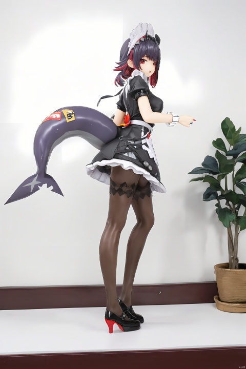  8k,best quality,masterpiece,(ultra-detailed),(high detailed skin),
magazine, (cover-style:1.1), fashionable, vibrant,  posing, front, colorful, solo, looking at viewer, 
Ellen Joe, maid, shark tail, (shark girl:0.5), 1girl, red eyes, tail, pantyhose, multicolored hair, black footwear, short sleeves, apron, wrist cuffs, maid headdress, figure