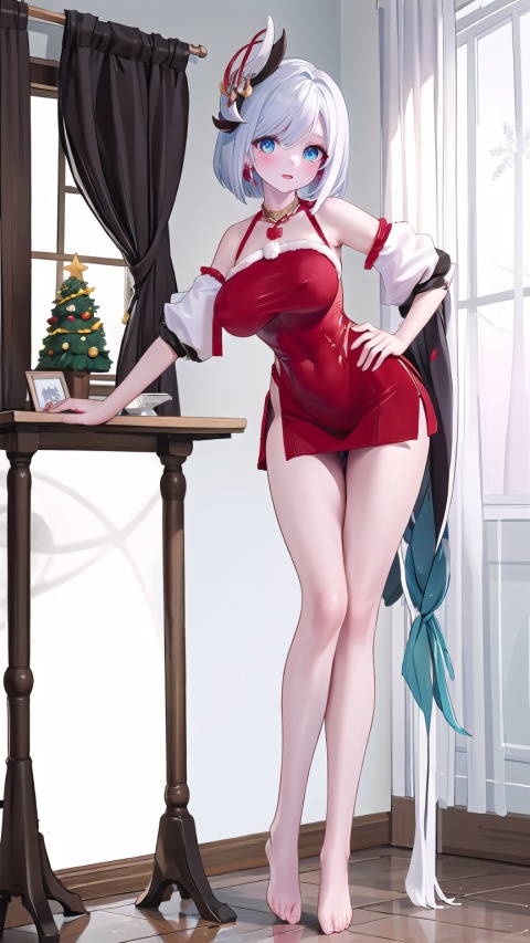  1 girl, solo, portrait, in Sexy off-the-shoulder Christmas skirt, look at viewer, blue eyes,Cool tone, Professional studio, Behind is the Christmas tree and Christmas presents, short hair, necklace, earings, elegant, , light master

shenhe,shenhe \(genshin impact\), full body, silver long hair, hair ornament, 2girls, haoche, shenhe