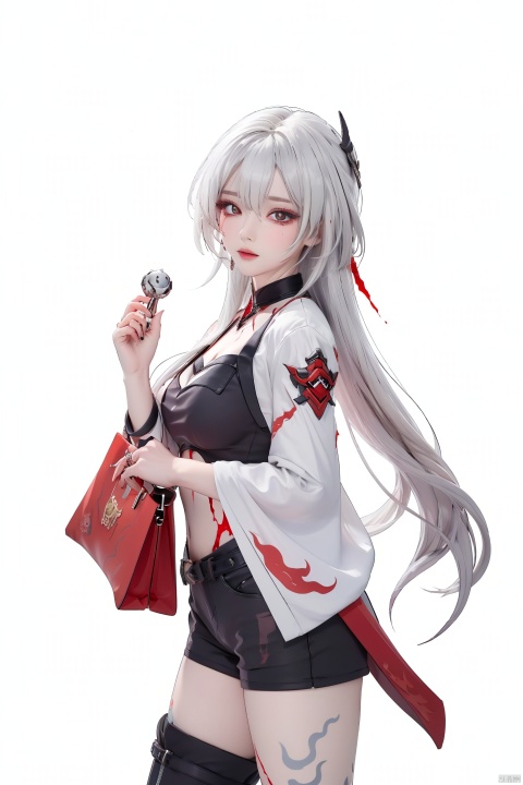  masterpiece, best quality,1girl, alternate costume, solo, bag, looking at viewer, blush, plaid, charm (object), bag charm, bangs, contemporary, sidelocks, jewelry, character name, female woman, white background, 
\\\\\\\\\\\,
(whuangquan:1.2),white hair,asymmetrical clothes,(bloody hand,red hand:1.35) eyes,long hair,hair over one eye,shorts,
, jijianchahua, loli