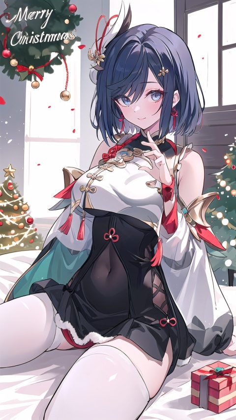  1 girl, solo, portrait, in Sexy off-the-shoulder Christmas skirt, look at viewer, blue eyes,Cool tone, Professional studio, Behind is the Christmas tree and Christmas presents, short hair, necklace, earings, elegant, , light master

shenhe,shenhe \(genshin impact\), full body, silver long hair, hair ornament, 2girls, haoche, shenhe,鏃�