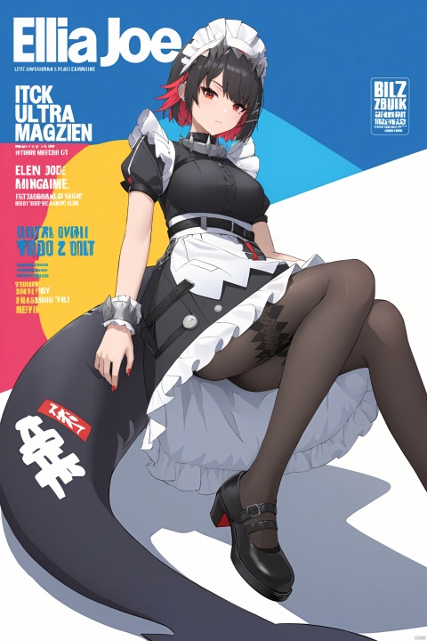  8k,best quality,masterpiece,(ultra-detailed),(high detailed skin),
magazine, (cover-style:1.1), fashionable, vibrant,  front, colorful, solo, looking at viewer, 
Ellen Joe, maid, shark tail, (shark girl:0.5), 1girl, red eyes, tail, pantyhose, multicolored hair, black footwear, short sleeves, apron, wrist cuffs, maid headdress, figure