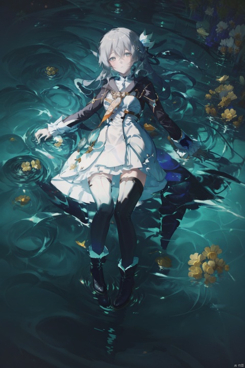  1girl, solo, thighhighs, long_hair, flower, dress, hair_ornament, lantern, water, ripples, bangs, white_flower, looking_at_viewer, full_body, black_thighhighs, copyright_name, long_sleeves, boots, white_footwear, white_dress, reflection, lying, grey_hair, 1girl,grey hair