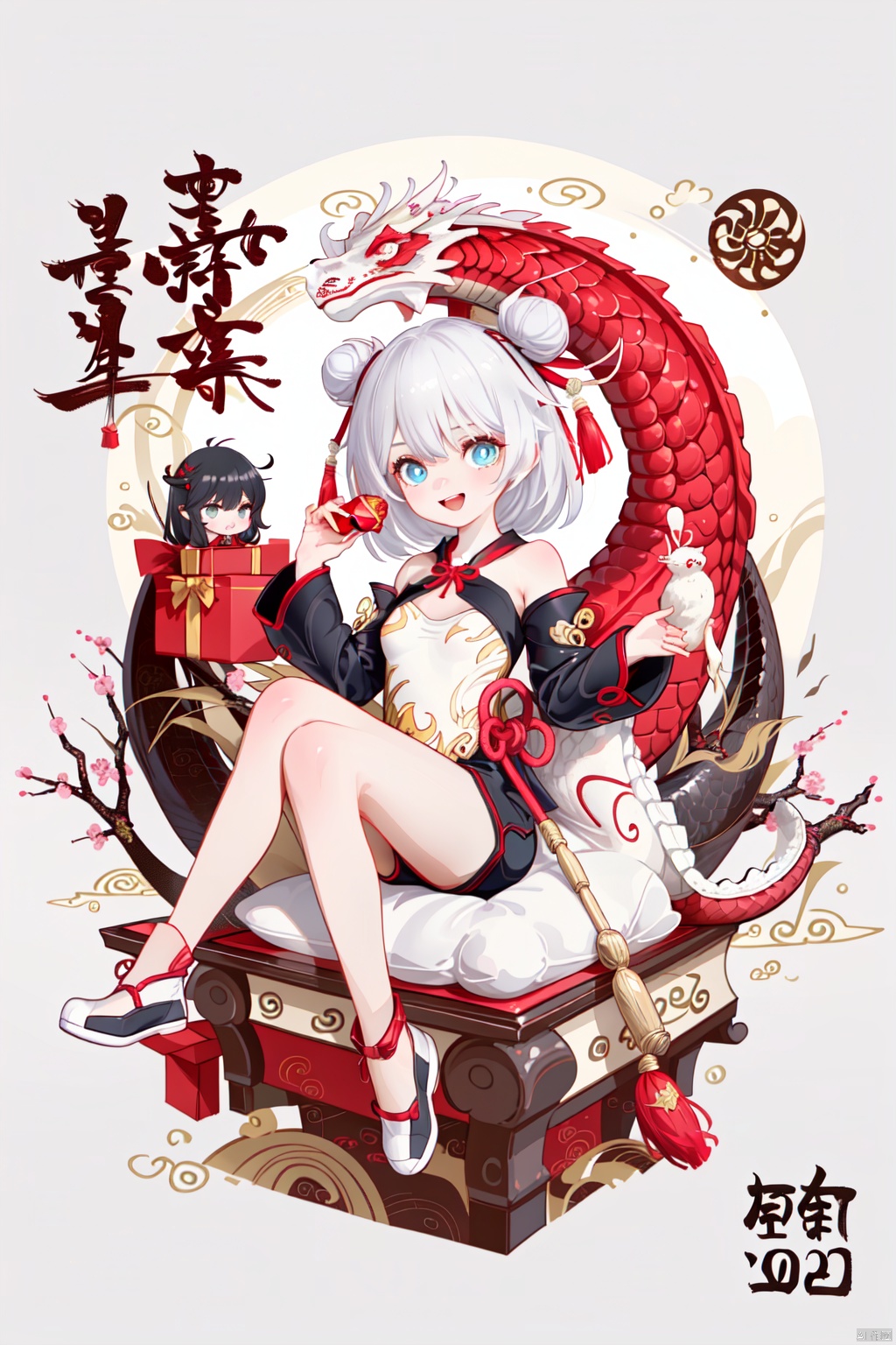  {artist:rella}, {artist:ask(askzy)},[artist:ningen_mame],artist:ciloranko, [artist:rei(sanbonzakura)],(hyper cute girl:1.1025), (flat color, vector art:1.3401), Chinese dragon theme, beautiful detailed eyes, hyper-detailed, hyper quality, eye-beautifully color, face, (her hair is shaped like a Chinese dragon, Chinese dragon, hair, Chinese dragon:1.2763), (1girl:1.2155), (high details, high quality:1.1576), (backlight:1.1576), high quality, (title:happy new year 2024:1.3), (cover design:1.2), simple background, cover art, trim, album_art, 
/, /, /, /, /, /, /, 
1girl, (chibi), (tangou:1.3), 1girl, theresa apocalypse, double bun, hair bun, chinese clothes, blue eyes, bare shoulders, bangs, white short hair, black shorts,
/, /, /, /, 
(((holding a little Chinese dragon))), (((sitting, Chinese dragon on legs))), [[smile]], large breast, dragon, (((Chinese dragon print))), (Loong:1.2), pajamas, kimono, bare shoulders, 
/, /, /, /, /, /, 
Chinese text,red_bandeau,year of the loong,loong pattern,lantern, red background, ((simple background)), ((happy new year 2024, new year theme, new year, 2024, gift box,)), (red decorations on dragon), ((Chinese new year)), Chinese knot, red ornaments, spring festival, 
/, /, /, /, /, /, /, 
hair with body, CTA dress, CAY leg, Loong hands, body with Loong, dress with Loong, light particles, (Hair with Loong:1.2155), small breast with Loong, 1girl, small breast, marbling with hair and clothes, (original:1.1025), (arm down:1.1025), (paper cutting:1.1025), 
------, 
Low saturation, grand masterpiece, Perfect composition, film light,lightart
,鏃�, eastern dragon, nai3