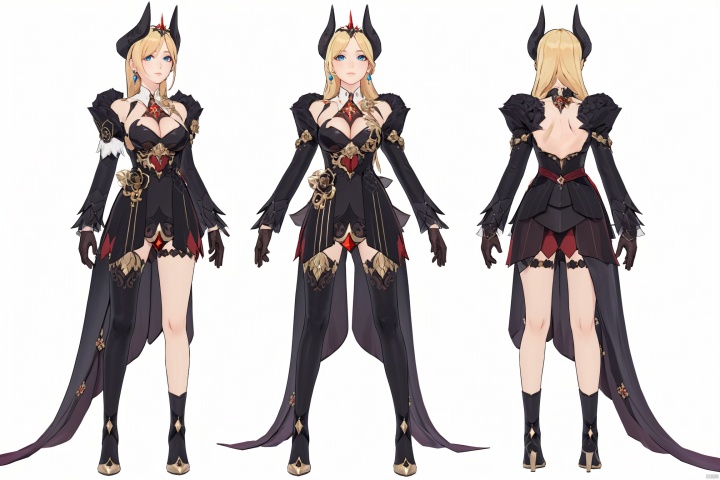  8k, best quality, masterpiece, (ultra-detailed:1.1), (high detailed skin),
(full body),
,,
dyl,1girl,blonde hair,gloves,blue eyes,horns,breasts,blackgloves,blackdress,blacksinglethighhigh,earrings,jewelry,
///////////////////////////////
clothesviews, Different clothes, Dress-up display, multiple views, looking_at_viewer,full body, back ,white background, simple background,
\\\\\\\\\\\\\\\\\\\\\\