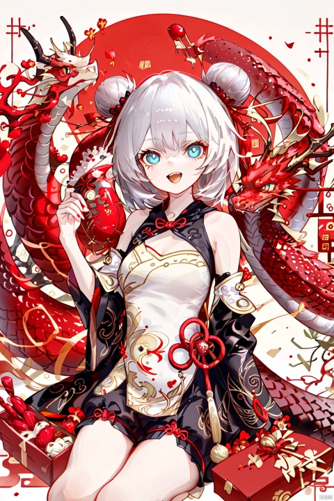  {artist:rella}, {artist:ask(askzy)},[artist:ningen_mame],artist:ciloranko, [artist:rei(sanbonzakura)],(hyper cute girl:1.1025), (flat color, vector art:1.3401), Chinese dragon theme, beautiful detailed eyes, hyper-detailed, hyper quality, eye-beautifully color, face, (her hair is shaped like a Chinese dragon, Chinese dragon, hair, Chinese dragon:1.2763), (1girl:1.2155), (high details, high quality:1.1576), (backlight:1.1576), high quality, (title:happy new year 2024:1.3), (cover design:1.2), simple background, cover art, trim, album_art, 
/, /, /, /, /, /, /, 
1girl, (chibi), (tangou:1.3), 1girl, theresa apocalypse, double bun, hair bun, chinese clothes, blue eyes, bare shoulders, bangs, white short hair, black shorts,
/, /, /, /, 
(((holding a little Chinese dragon))), (((sitting, Chinese dragon on legs))), [[smile]], large breast, dragon, (((Chinese dragon print))), (Loong:1.2), pajamas, kimono, bare shoulders, 
/, /, /, /, /, /, 
Chinese text,red_bandeau,year of the loong,loong pattern,lantern, red background, ((simple background)), ((happy new year 2024, new year theme, new year, 2024, gift box,)), (red decorations on dragon), ((Chinese new year)), Chinese knot, red ornaments, spring festival, 
/, /, /, /, /, /, /, 
hair with body, CTA dress, CAY leg, Loong hands, body with Loong, dress with Loong, light particles, (Hair with Loong:1.2155), small breast with Loong, 1girl, small breast, marbling with hair and clothes, (original:1.1025), (arm down:1.1025), (paper cutting:1.1025), 
------, 
Low saturation, grand masterpiece, Perfect composition, film light,lightart
,鏃�, eastern dragon, nai3