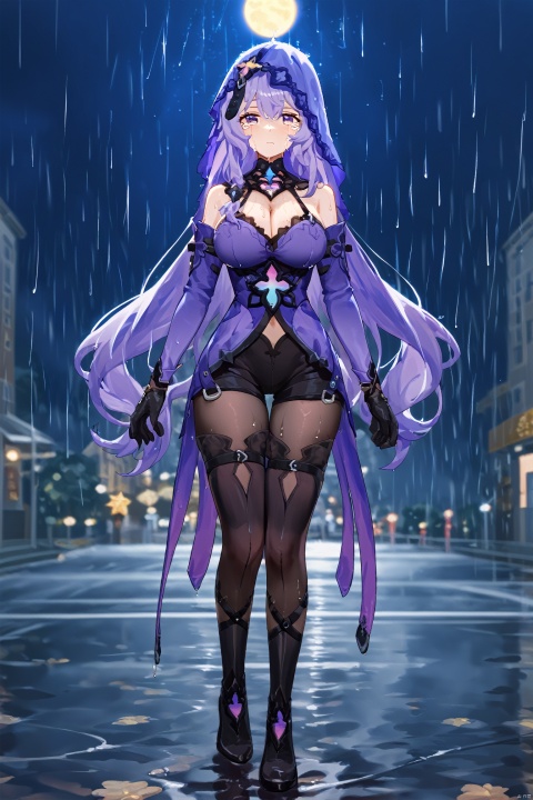  8k,best quality,masterpiece,(ultra-detailed:1.1),(high detailed skin),DeStijl,depthoffield,
,\\\\\\\\\\\\\\,in street,she looking at a man walking away,sad girl,tears,raining,saddly,wet,wet clothe,tears,crying,\\\\\\\\\\\\\stars,moon,cards,floating things,

hte,1girl,long hair,boots,purple hair,black gloves,veil,cleavage,pantyhose,large breasts,shorts,yelloweyes,figure,迪士尼, figure, wmchahua