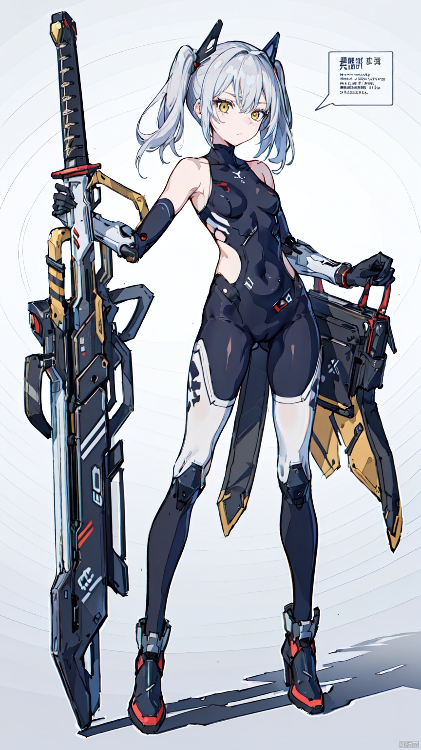  8k, best quality, masterpiece, (ultra-detailed:1.1), (high detailed skin),
(full body:1.3),
////////////////////////
jiqi, art style, 1girl, solo, weapon, holding, sword, holding weapon, yellow eyes, twintails, sheath, holding sword, white hair, long hair, standing, full body, gradient, gradient background, bodysuit, breasts, cyborg, small breasts, closed mouth, grey background, white background, katana, looking to the side, ass visible through thighs, scabbard, looking away, simple background, bangs, mechanical arms, holding sheath, shadow, thighhighs, legs apart, armor, hair between eyes, black bodysuit, mecha musume, thick eyebrows, prosthesis, science fiction, mechanical legs, prosthetic leg, gloves, gauntlets, two-tone background, single thighhigh, leotard, dual wielding, sheathed, unsheathing, asymmetrical legwear, headgear, covered navel, short eyebrows, boots, armored boots, grey bodysuit, black gloves, fighting stance, hair ornament, turtleneck, single mechanical arm, short twintails, grey hair, frown, medium hair, unsheathed, uneven legwear, english text, black leotard, messy hair, asymmetrical clothes, prosthetic arm, dated, greaves, reverse grip, robot joints, medium breasts, silhouette,
///////////////////////////////
(beautiful_face), ((intricate_detail)), clear face,
((finely_detailed)), fine_fabric_emphasis,
((glossy)), full_shot, beautiful face, Anime