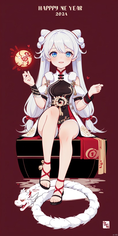  {artist:rella}, {artist:ask(askzy)},[artist:ningen_mame],artist:ciloranko, [artist:rei(sanbonzakura)],(hyper cute girl:1.1025), (flat color, vector art:1.3401), Chinese dragon theme, beautiful detailed eyes, hyper-detailed, hyper quality, eye-beautifully color, face, (her hair is shaped like a Chinese dragon, Chinese dragon, hair, Chinese dragon:1.2763), (1girl:1.2155), (high details, high quality:1.1576), (backlight:1.1576), high quality, (title:happy new year 2024:1.3), (cover design:1.2), simple background, cover art, trim, album_art, 
/, /, /, /, /, /, /, 
1girl, (chibi), xuetu, blue eyes, white hair, chinese clothes, double bun, bangs, short dress,
/, /, /, /, 
(((holding a little Chinese dragon))), (((sitting, Chinese dragon on legs))), [[smile]], large breast, dragon, (((Chinese dragon print))), (Loong:1.2), pajamas, kimono, bare shoulders, 
/, /, /, /, /, /, 
Chinese text,red_bandeau,year of the loong,loong pattern,lantern, red background, ((simple background)), ((happy new year 2024, new year theme, new year, 2024, gift box,)), (red decorations on dragon), ((Chinese new year)), Chinese knot, red ornaments, spring festival, 
/, /, /, /, /, /, /, 
hair with body, CTA dress, CAY leg, Loong hands, body with Loong, dress with Loong, light particles, (Hair with Loong:1.2155), small breast with Loong, 1girl, small breast, marbling with hair and clothes, (original:1.1025), (arm down:1.1025), (paper cutting:1.1025), 
------, 
Low saturation, grand masterpiece, Perfect composition, film light, light art
,鏃�