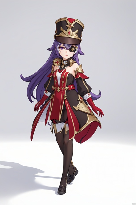  score_9,score_8_up,score_7_up,best quality,masterpiece,source_anime,8k,
masterpiece, best quality,1girl,parted lips, solo,full body,
xwl, def clothe, 1girl, eyepatch, purple hair, purple eyes, long hair, hat, red gloves,
cowboy shot,,white background,wide shot,lens 135mm,f1.8,looking_at_viewer