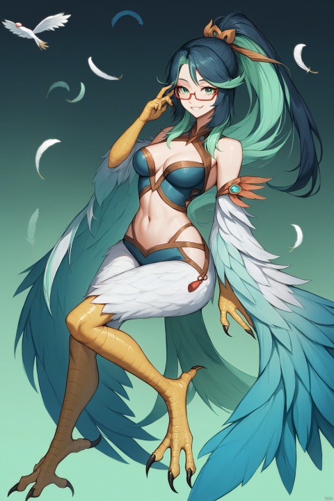  score_9, score_8_up, score_7_up, score_6_up,
Xianyun, Xianyun's def clothes,1girl, green eyes, long hair, breasts, hair ornament, glasses, multicolored hair, ponytail,
jijia, 2d, anime, 1girl, Birdwoman, wings,Harpy,solo, claws, tail, breasts, feathers, scales, talons, smile, monster girl, full body, navel, gradient, gradient background, personification, medium breasts, animal feet, teeth, signature, an illustration of a woman in an animal suit
