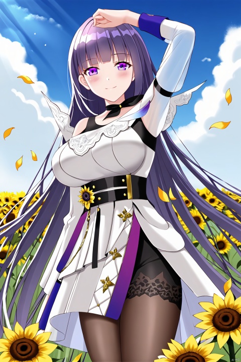  quality,masterpiece, 2nd clothes, houbeng, white dress, raiden mei, 1girl, long hair, purple eyes, pantyhose, purple hair,bangs,//BREAK,
1girl, sunflower, solo, flower, outdoors, breasts,smile, thighhighs, bangs, day, arm up, looking at viewer, sky, cloud, closed mouth, blue sky,blush, petals, standing, yellow flower, cowboy shot, field, see-through, large breasts, ribbon, medium breasts, //BREAK, fine fabric emphasis, maximalism, best quality, amazing quality, very aesthetic, absurdres, best quality, amazing quality, very aesthetic, absurdres, Highly detailed, best quality, masterpiece,
