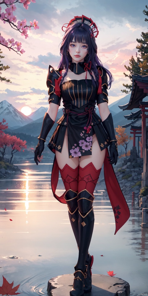  masterpiece, best quality, 
yingwu,1girl,raiden mei,gloves,long hair,gloves,thighhighs,dress,petals,purple hair,armor,bangs,hair ornament,
masterpiece, best quality, standing at a torii gate with autumn trees in the background, sunset over mountains and lake, serene expression, shallow water reflecting the sky,
