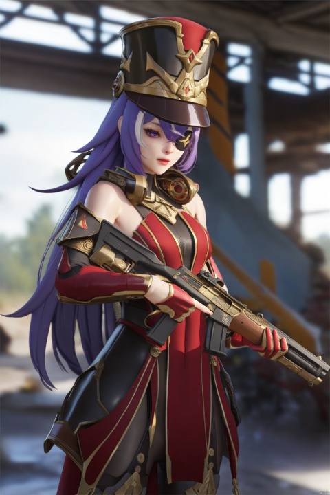  best quality,masterpiece,8k,(ultra-detailed),jijia, 3d, CG, weapon, 1girl, gun, solo, rifle, holding weapon, assault rifle, holding, blurry background, armor, holding gun, blurry, science fiction, realistic,a woman holding a gun,the female alien is holding a gun,
xwl, def clothe, 1girl, eyepatch, purple hair, purple eyes, long hair, hat, red gloves,