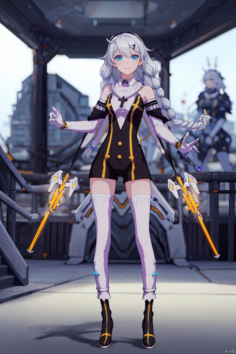 4 girls,Many girls,full-body,each girl has weapons, technological weapons,The overall style is slightly brighter, with a golden mecha **** behind it that exudes a strong sense of technology,masterpiece,best quality,Ultra-high resolution,Realistic,The overall style is golden, with golden armor that shines,sense of reality,The ultimate detail,8K wallpaper,Professional lighting,The perfect hand,Realistic hands,1girl,solo,standing,Technological city background, sunshine, futuristic technology, perfect face,full bodyWearing a mecha,mechanical joint,dynamic posture,machinery,Heela collections,((dynamic pose), technological weapons, 
\\\\\\\\\\\\\\\\\


shennv, 1girl, braid, thighhighs, long hair, blue eyes, twin braids, gloves, white thighhighs, kiana kaslana, white gloves,