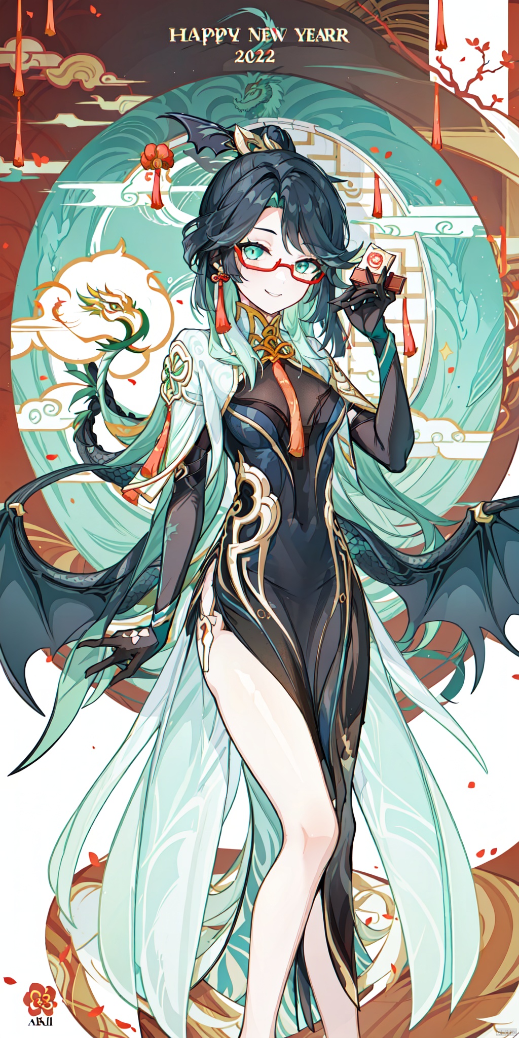  {artist:rella}, {artist:ask(askzy)},[artist:ningen_mame],artist:ciloranko, [artist:rei(sanbonzakura)],(hyper cute girl:1.1025), (flat color, vector art:1.3401), Chinese dragon theme, beautiful detailed eyes, hyper-detailed, hyper quality, eye-beautifully color, face, (her hair is shaped like a Chinese dragon, Chinese dragon, hair, Chinese dragon:1.2763), (1girl:1.2155), (high details, high quality:1.1576), (backlight:1.1576), high quality, (title:happy new year 2024:1.3), (cover design:1.2), simple background, cover art, trim, album_art, 
/, /, /, /, /, /, /, 
1girl, (chibi), xianyun, 1girl, chinese clothes, (ponytail, hair stick,hair ornament), glasses, jewelry, earrings, multicolored hair, black hair, dress, standing, gloves, green hair, red-framed eyewear, black pantyhose,
/, /, /, /, 
(((holding a little Chinese dragon))), (((sitting, Chinese dragon on legs))), [[smile]], large breast, dragon, (((Chinese dragon print))), (Loong:1.2), pajamas, kimono, bare shoulders, 
/, /, /, /, /, /, 
Chinese text,red_bandeau,year of the loong,loong pattern,lantern, red background, ((simple background)), ((happy new year 2024, new year theme, new year, 2024, gift box,)), (red decorations on dragon), ((Chinese new year)), Chinese knot, red ornaments, spring festival, 
/, /, /, /, /, /, /, 
hair with body, CTA dress, CAY leg, Loong hands, body with Loong, dress with Loong, light particles, (Hair with Loong:1.2155), small breast with Loong, 1girl, small breast, marbling with hair and clothes, (original:1.1025), (arm down:1.1025), (paper cutting:1.1025), 
------, 
Low saturation, grand masterpiece, Perfect composition, film light, light art
