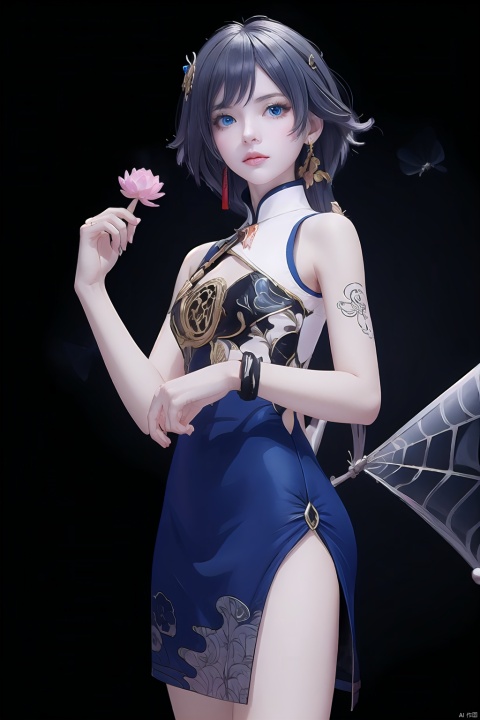  best,8k,UHD,masterpiece,bright ,high quality,flat color,1girl,
//////////////
Anime girl holding a red lotus flower. There are white butterflies and black butterflies flying around her, and there is a cobweb on her arm. The background is dark with many black leaves scattered around.
\\\\\\\\\\\
“Girl_in_the_Spider’s_Web”
white_and_purple_butterfly_accessories
black_spider_tattoo
white_butterflies
cobweb_background
gothic
surreal
fantasy
manga
dark_romantic
\\\\\\\\\\\\\\
qingyan,1girl,fu hua,chinese clothes,blue eyes,short china dress,lhair ornament,black hair,bangs,bare hands,sleeveless,blue eyes,