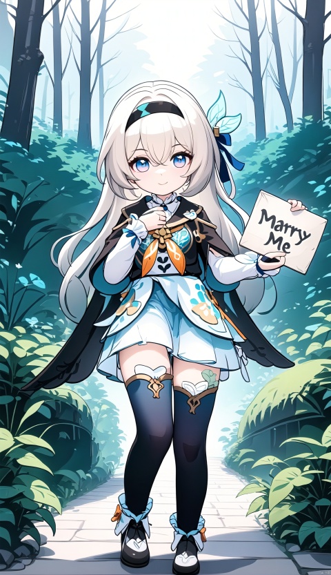  1girl, (paimon), genshin impact, chibi, flying, (holding a sign saying "Marry Me":1.2), forest as background, (masterpiece:1.2), (best quality:1.2), newest, ai-generated, intricate details

liuying,def clothe,1girl,black thighhighs,blue eyes,hairband,long hair,blackhairband,fingerlessgloves,skirt, figure