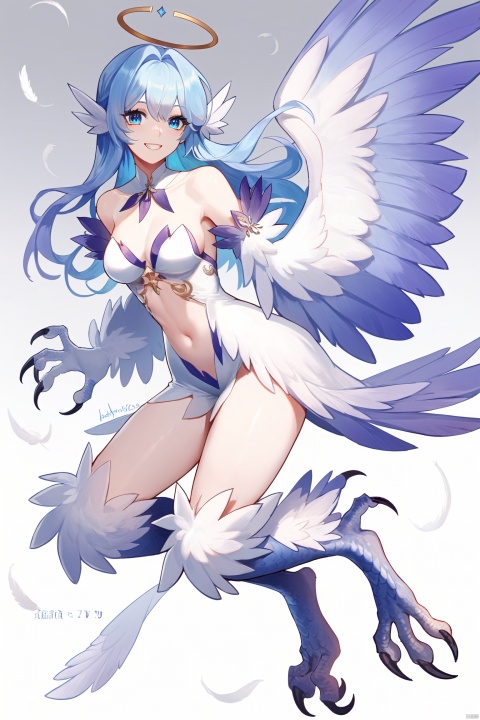  score_9, score_8_up, score_7_up, score_6_up,
zgn,1girl,long hair,halo,blue eyes,gloves,bangs,white dress,bare shoulders,blue hair,blue footwear,
jijia, 2d, anime, 1girl, Birdwoman, wings,Harpy,solo, claws, tail, breasts, feathers, scales, talons, smile, monster girl, full body, navel, gradient, gradient background, personification, medium breasts, animal feet, teeth, signature, an illustration of a woman in an animal suit
