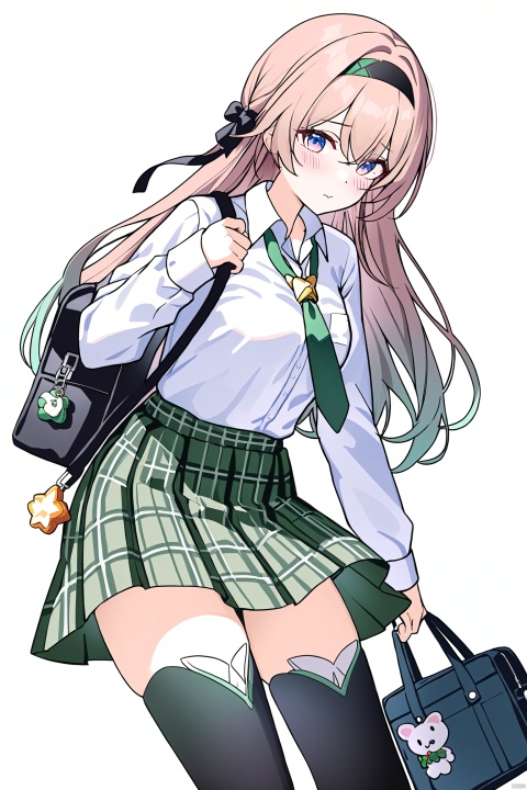  nai3,masterpiece, best quality,1girl, alternate costume, solo, bag, looking at viewer, blush, plaid, charm (object), bag charm, bangs, contemporary, sidelocks, jewelry, character name, female woman, white background, \\\\\\\\\ nai3, masterpiece, best quality,1girl, school uniform, alternate costume, solo, skirt, bag, necktie, multicolored hair, looking at viewer, blush, plaid skirt, school bag, plaid, charm (object), bag charm, sidelocks, jewelry, pleated skirt, green skirt, white shirt, green necktie, collared shirt, character name, female child, white background,school_uniform,school_girl,school_uniforms, \\\\\\\\\\\, liuying,1girl,black thighhighs,blue eyes,hairband,long hair,black hairband,