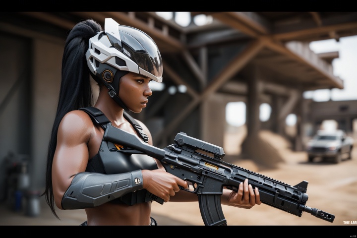  best quality,masterpiece,8k,(ultra-detailed),jijia, 3d, CG, weapon, 1girl, gun, solo, ponytail, rifle, holding weapon, assault rifle, holding, blurry background, armor, dark skin, holding gun, black hair, blurry, dark-skinned female, science fiction, realistic,a woman holding a gun and wearing a helmet,the female alien is holding a gun