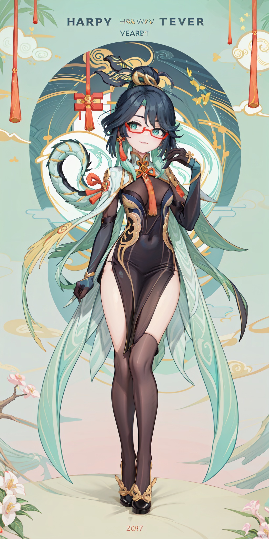  {artist:rella}, {artist:ask(askzy)},[artist:ningen_mame],artist:ciloranko, [artist:rei(sanbonzakura)],(hyper cute girl:1.1025), (flat color, vector art:1.3401), Chinese dragon theme, beautiful detailed eyes, hyper-detailed, hyper quality, eye-beautifully color, face, (her hair is shaped like a Chinese dragon, Chinese dragon, hair, Chinese dragon:1.2763), (1girl:1.2155), (high details, high quality:1.1576), (backlight:1.1576), high quality, (title:happy new year 2024:1.3), (cover design:1.2), simple background, cover art, trim, album_art, 
/, /, /, /, /, /, /, 
1girl, (chibi), xianyun, 1girl, chinese clothes, (ponytail, hair stick,hair ornament), glasses, jewelry, earrings, multicolored hair, black hair, dress, standing, gloves, green hair, red-framed eyewear, black pantyhose,
/, /, /, /, 
(((holding a little Chinese dragon))), (((sitting, Chinese dragon on legs))), [[smile]], large breast, dragon, (((Chinese dragon print))), (Loong:1.2), pajamas, kimono, bare shoulders, 
/, /, /, /, /, /, 
Chinese text,red_bandeau,year of the loong,loong pattern,lantern, red background, ((simple background)), ((happy new year 2024, new year theme, new year, 2024, gift box,)), (red decorations on dragon), ((Chinese new year)), Chinese knot, red ornaments, spring festival, 
/, /, /, /, /, /, /, 
hair with body, CTA dress, CAY leg, Loong hands, body with Loong, dress with Loong, light particles, (Hair with Loong:1.2155), small breast with Loong, 1girl, small breast, marbling with hair and clothes, (original:1.1025), (arm down:1.1025), (paper cutting:1.1025), 
------, 
Low saturation, grand masterpiece, Perfect composition, film light, light art
