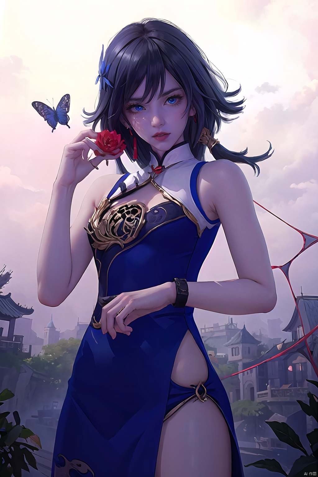  best,8k,UHD,masterpiece,bright ,high quality,flat color,1girl,
//////////////
Anime girl holding a red lotus flower. There are white butterflies and black butterflies flying around her, and there is a cobweb on her arm. The background is dark with many black leaves scattered around.
\\\\\\\\\\\
“Girl_in_the_Spider’s_Web”
white_and_purple_butterfly_accessories
black_spider_tattoo
white_butterflies
cobweb_background
gothic
surreal
fantasy
manga
dark_romantic
\\\\\\\\\\\\\\
qingyan,1girl,fu hua,chinese clothes,blue eyes,short china dress,lhair ornament,black hair,bangs,bare hands,sleeveless,blue eyes, guzhuang