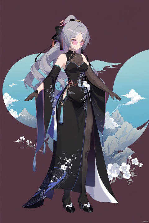  line art,line style,as style,best quality,masterpiece,
 The image features a Q version of cute cartoon girl wearing ancient costume, simple pattern, full body portrait, standing pose, legs straight, hands on both sides, minimalist painter style, ancient Chinese style, vector illustration, clean background
yeman, chinese clothes, 1girl, gloves, tinted eyewear, black footwear,black single thighhigh,black dress,long hair,asymmetrical gloves,sunglasses,