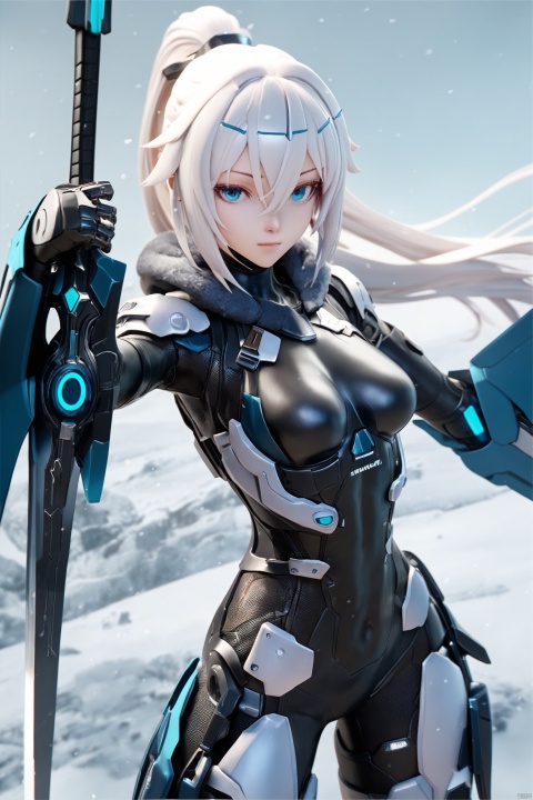 score_9, score_8_up, score_7_up, score_6_up,jijia, 3d, CG, 1girl, solo, white hair, mecha musume, breasts, ponytail, looking at viewer, blue eyes, bodysuit, armor, weapon, hair between eyes, medium breasts, long hair,an anime character holding a sword in the snow,an anime image of a woman holding two swords