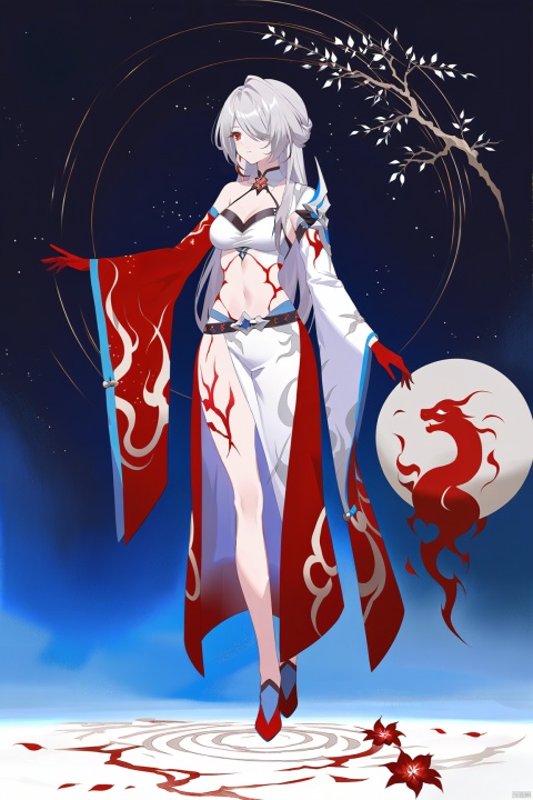  line art,line style,as style,best quality,masterpiece,
 The image features a Q version of cute cartoon girl wearing ancient costume, simple pattern, full body portrait, standing pose, legs straight, hands on both sides, minimalist painter style, ancient Chinese style, vector illustration, clean background
whuangquan, white hair, asymmetrical clothes, 1girl, breasts, long hair, red eyes, hair over one eye,navel,bangs,cleavage, bloody hand, single glove, ( left single sleeve), long sleeve,