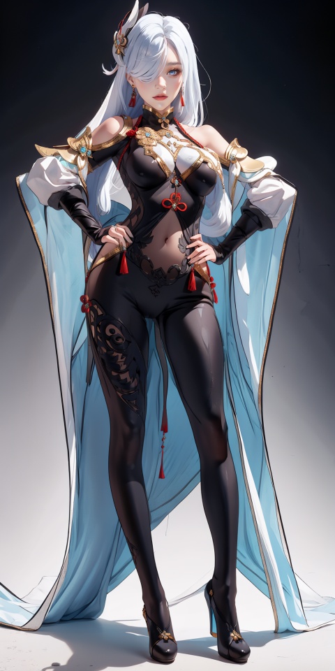  masterpiece, best quality, shenhe,shenhe \(genshin impact\), full body, silver long hair, hair ornament,bodysuit,breasts contain,blue eyes, braid, earrings, gloves, hair ornament, (hair over one eye:1.2), jewelry, long hair, looking at viewer, medium breasts, navel,solo,
grey background, full_body,high heels, 1girl, shenhe, chinese clothes