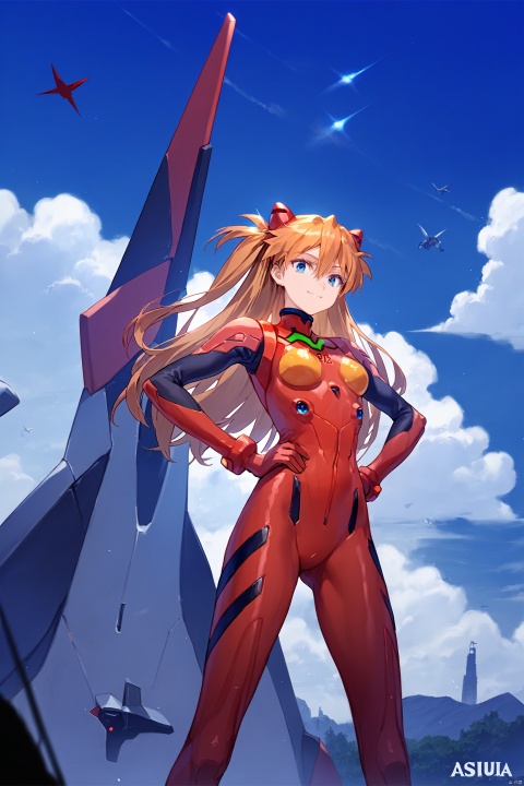 score_9, score_8_up, score_7_up, score_6_up,jijia, 2d, anime, hands on hips, 1girl, souryuu asuka langley, plugsuit, blue eyes, long hair, sky, mecha, cloud, legs apart, bodysuit, robot, eva 02, day, standing, looking at viewer, breasts, two side up, pilot suit, blue sky, gloves, orange hair, bangs, copyright name, headgear, small breasts, turtleneck, science fiction, hair between eyes, hair ornament, outdoors, solo, red bodysuit, glowing, smile, closed mouth, bracer,a woman standing next to a giant robot,anime girl standing in front of a giant robot